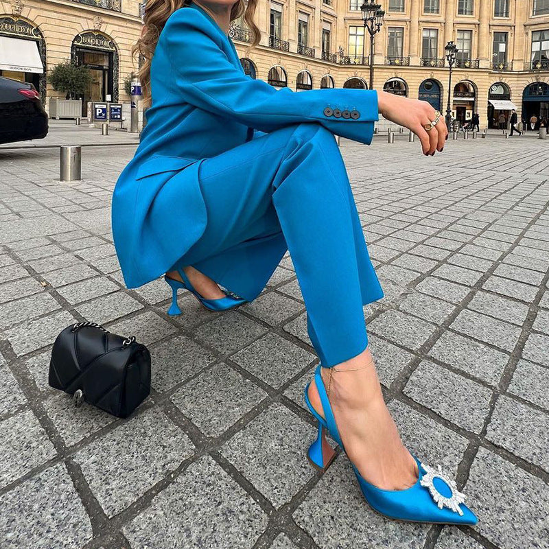 Ensemble blazer et pantalon décontracté de couleur unie pour femme