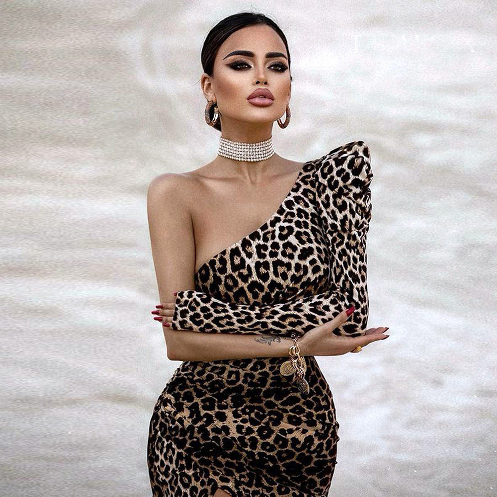 Leopard Print Long Sleeve Slim-Fit Split Sheath Dress