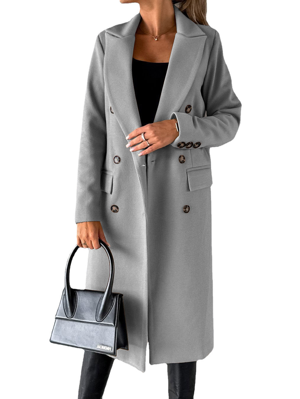 Manteau long d'hiver ajusté à revers double boutonnage pour femme