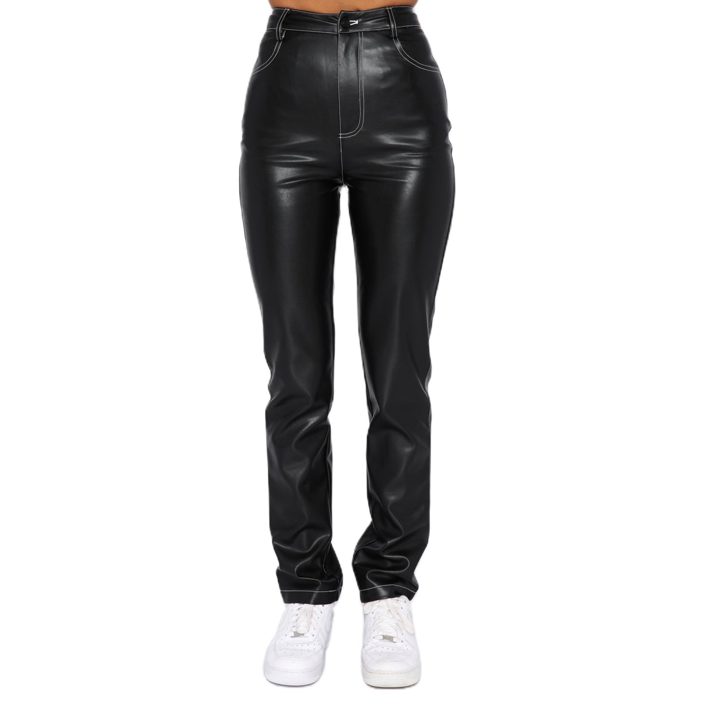High Elasticity PU Leather Straight Pants for Women Mid Waist S-XL