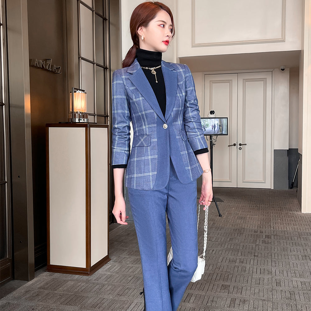 Ensemble deux pièces treillis bleu et lie de vin élégant pour femme