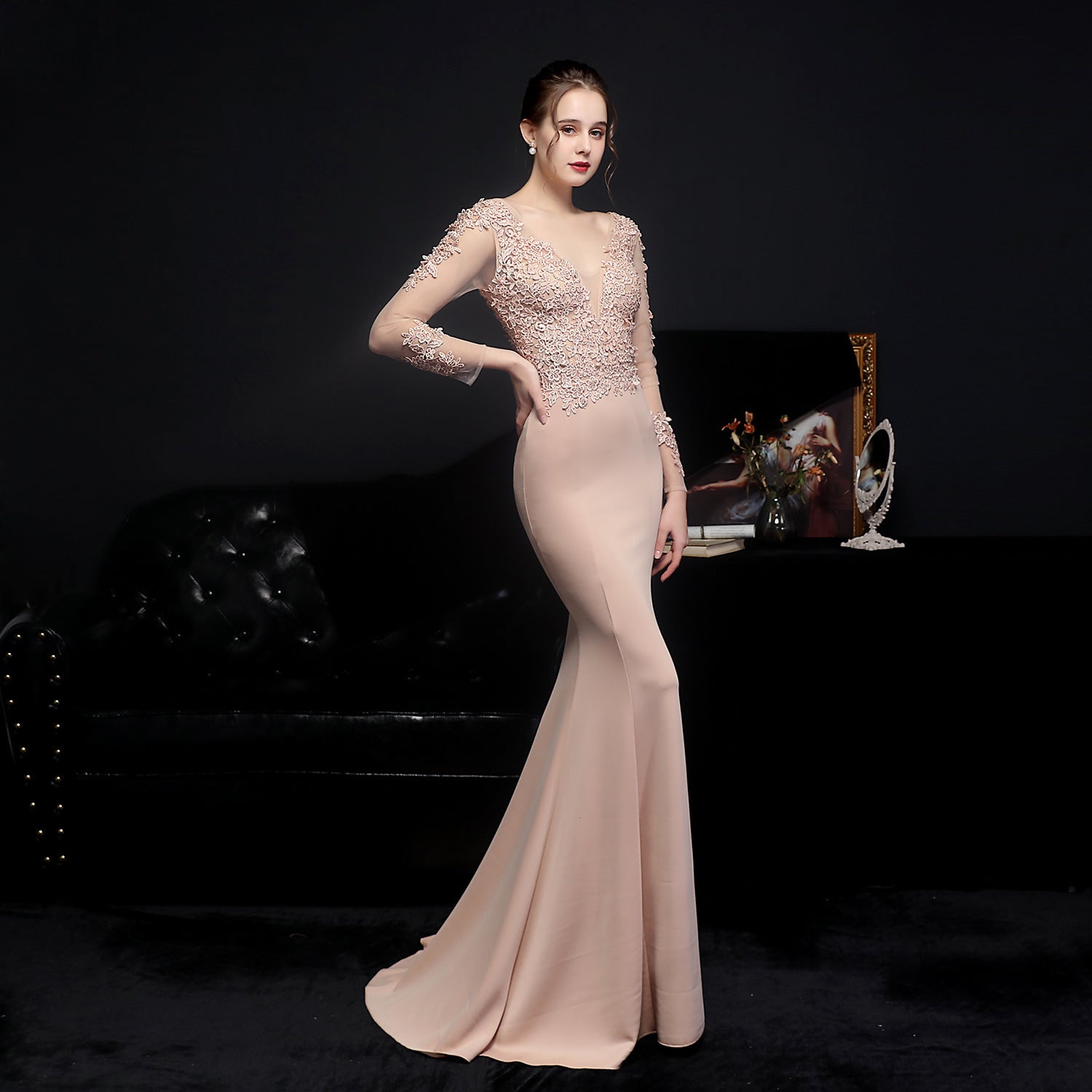 Women's High Waist Lace Diamond Toast Dress Long Sleeve