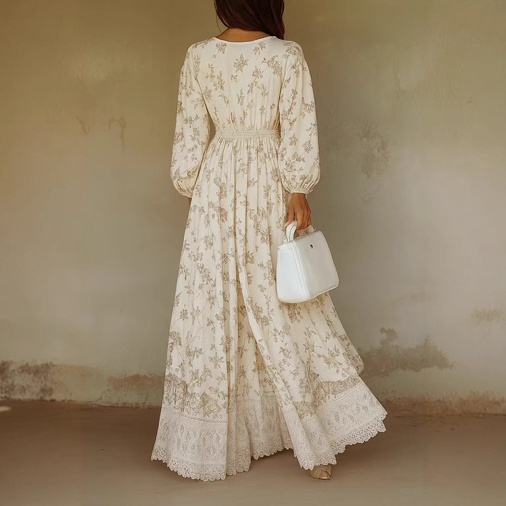 Robe longue à imprimé et dentelle de style occidental, manches longues pour l'automne-hiver