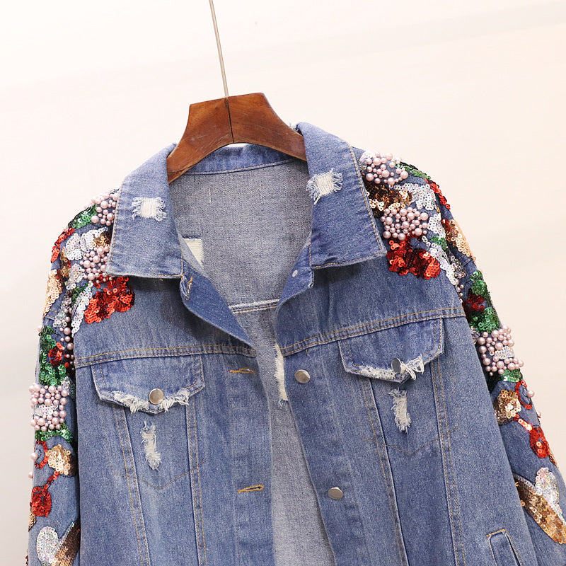 Loose Slimming Denim Jacket Women Embroidered Beaded Sequins Heavy Industry Blue