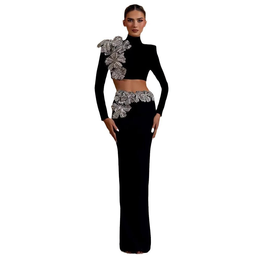 Black Polyester Two-Piece Set Long Sleeve Top & High Waist Skirt