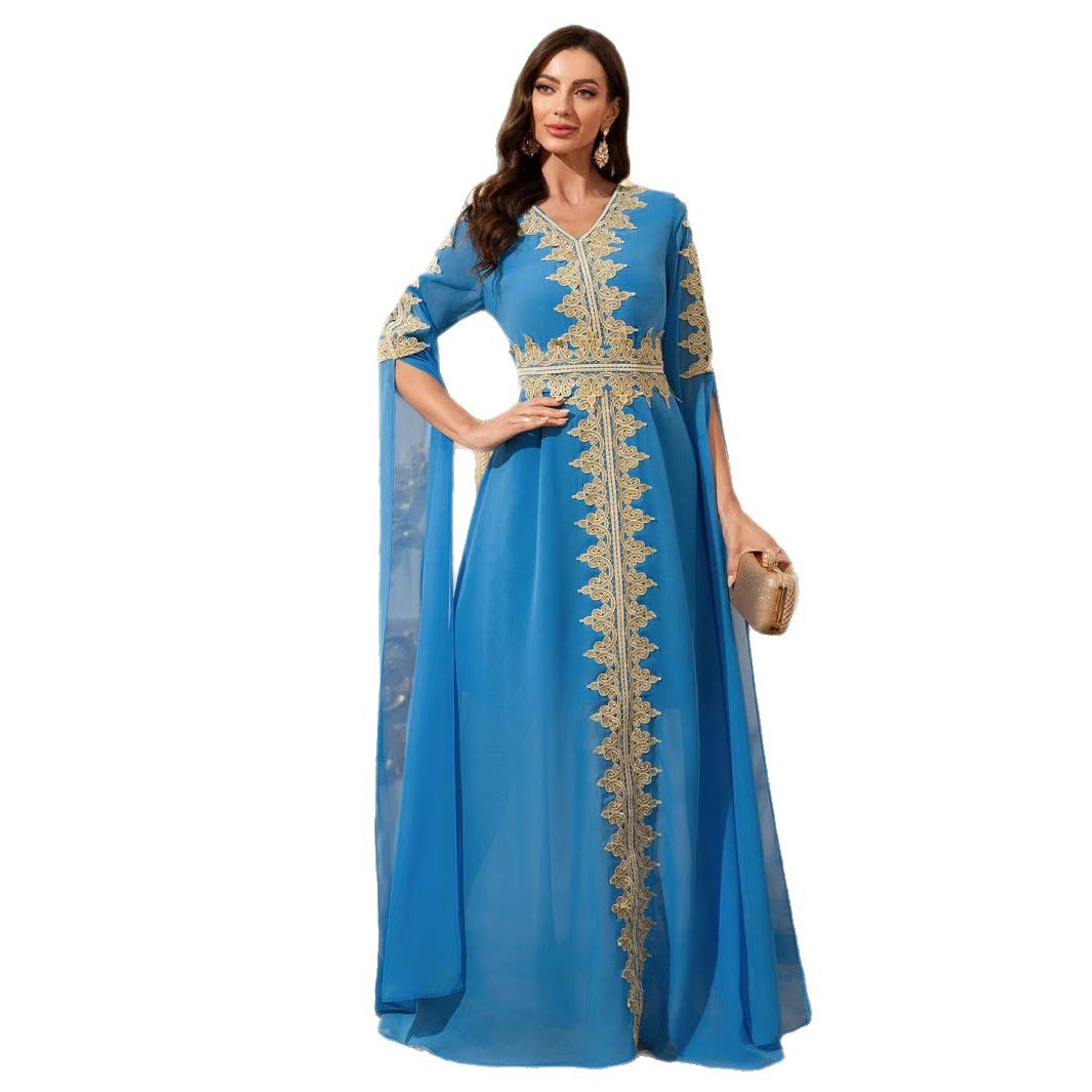 Middle East Women's Blue Lace Patchwork Long Dress with Half Sleeves