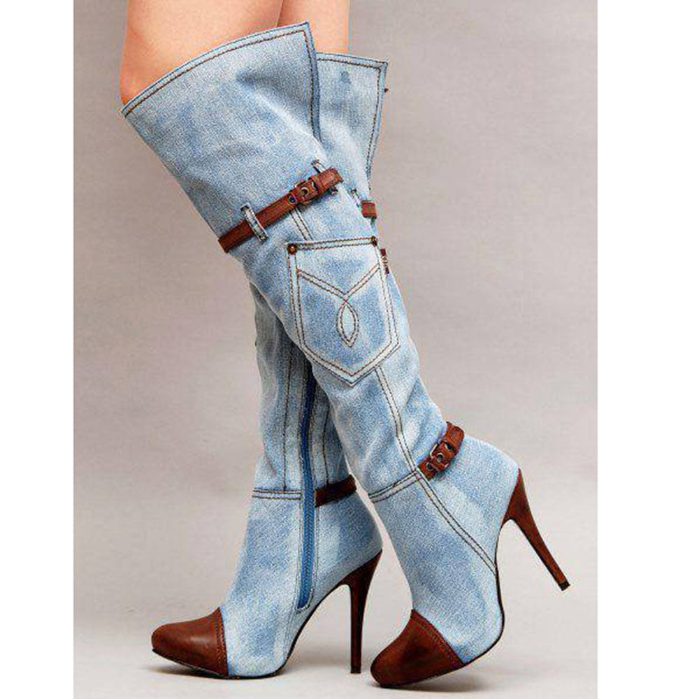 Women's Blue Plus Size Knee-High Denim Boots with Stiletto Heel and Stitching