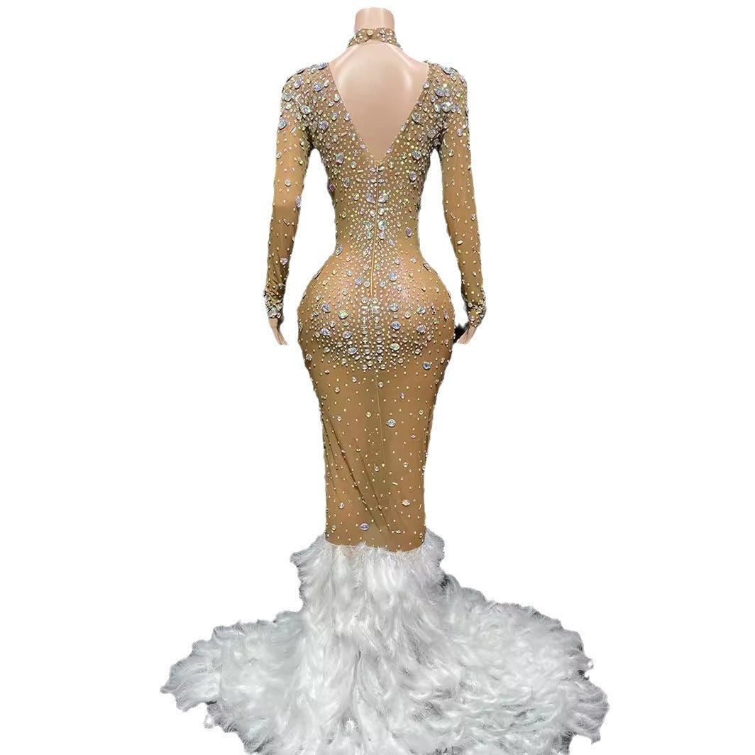 Women's Brown Shiny Diamond Backless Long Sleeve Dress
