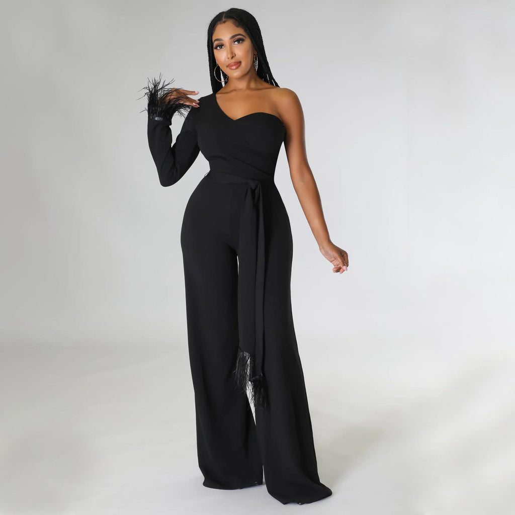 Wide-Leg Tassel Jumpsuit with One-Shoulder Design
