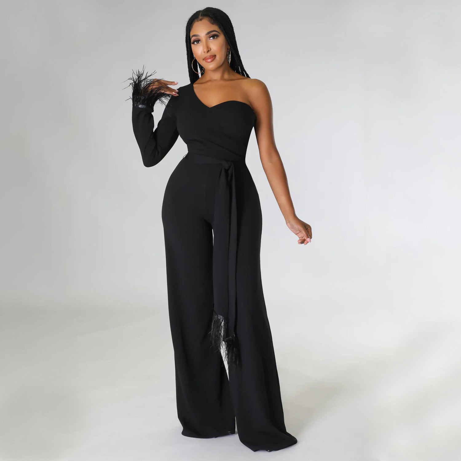 Wide-Leg Tassel Jumpsuit with One-Shoulder Design