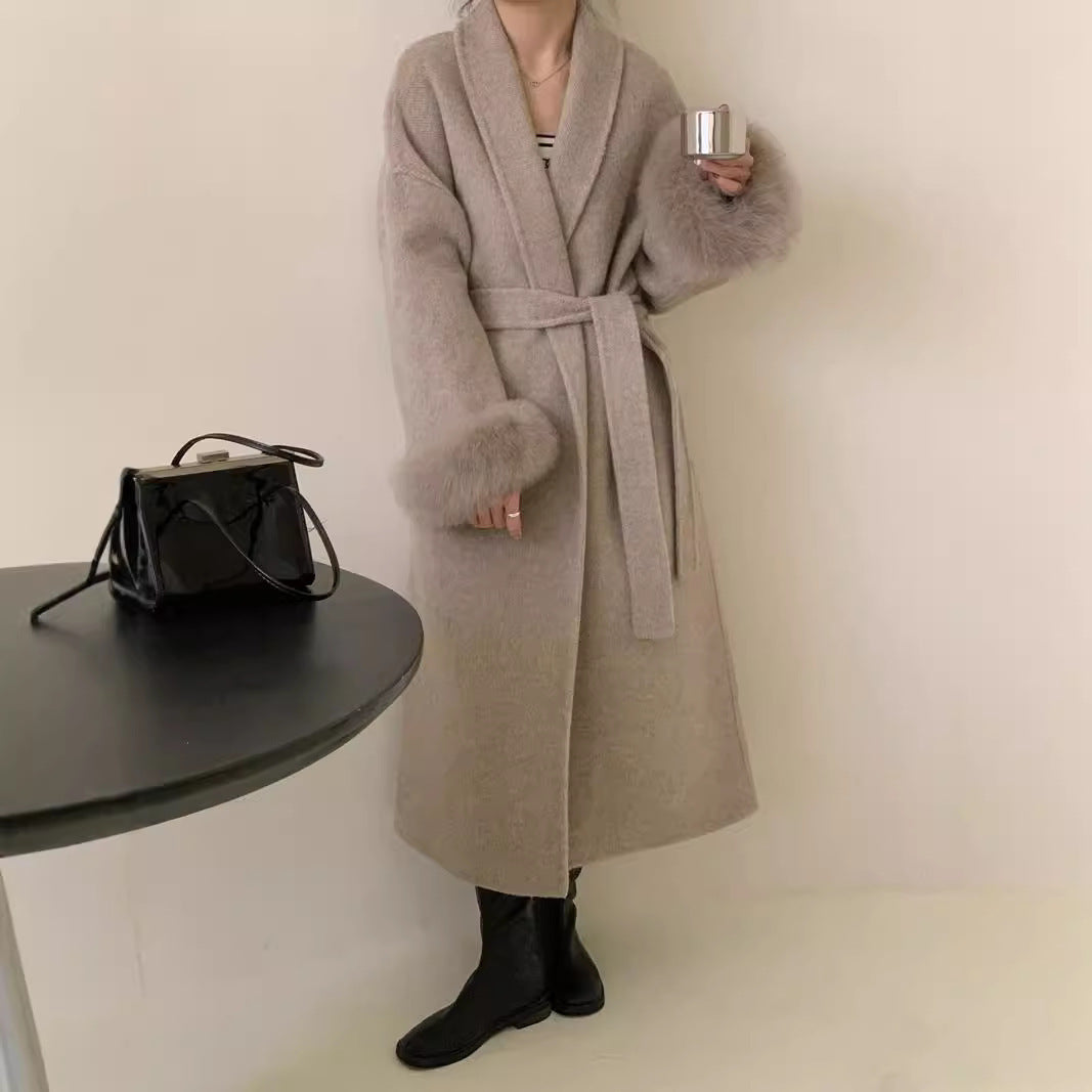 Women's Long Reversible Wool Coat with Lapel and Pockets