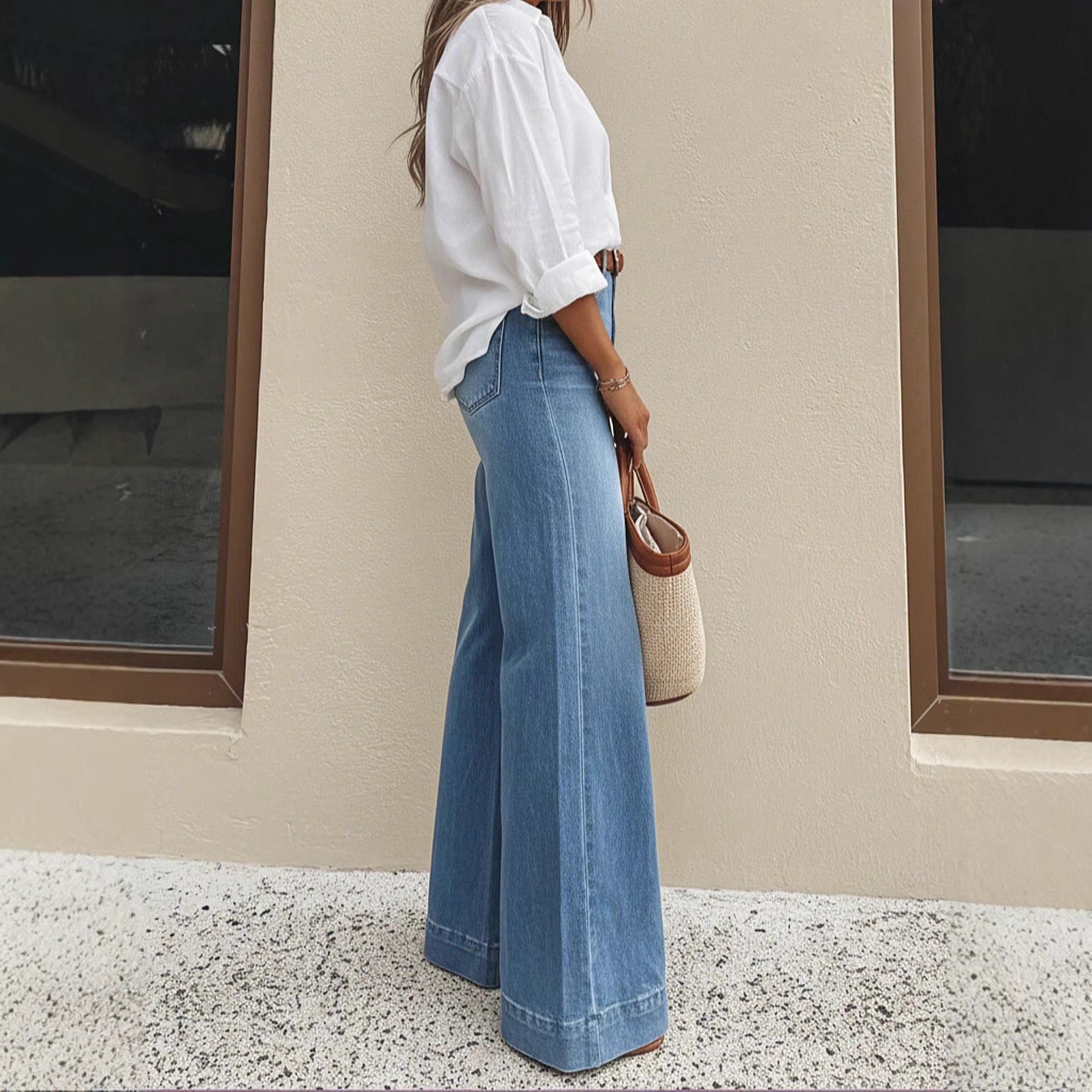 Jeans bleus en denim slim délavé vintage pour femme