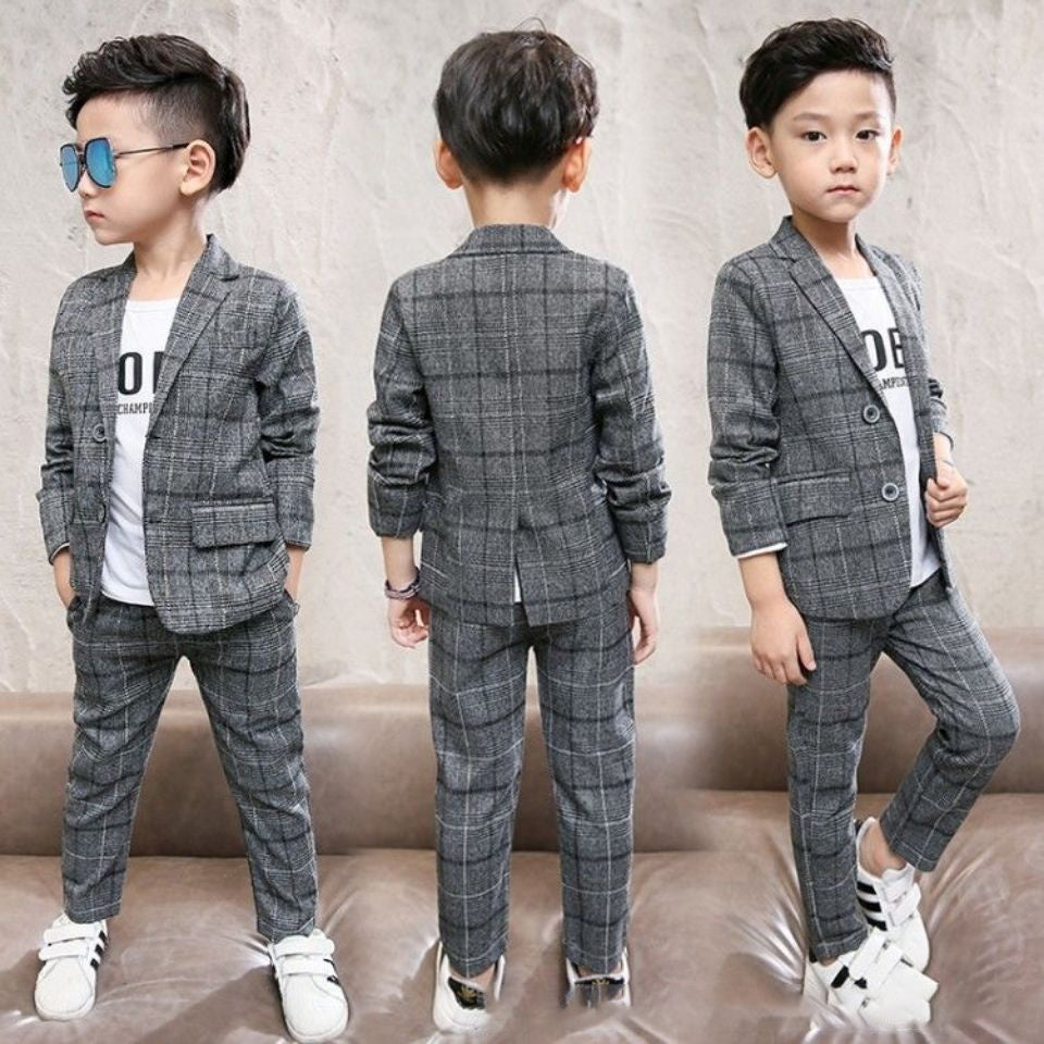 Boys' Two-Piece Casual Plaid Suit Cotton Blend Blouse & Pants
