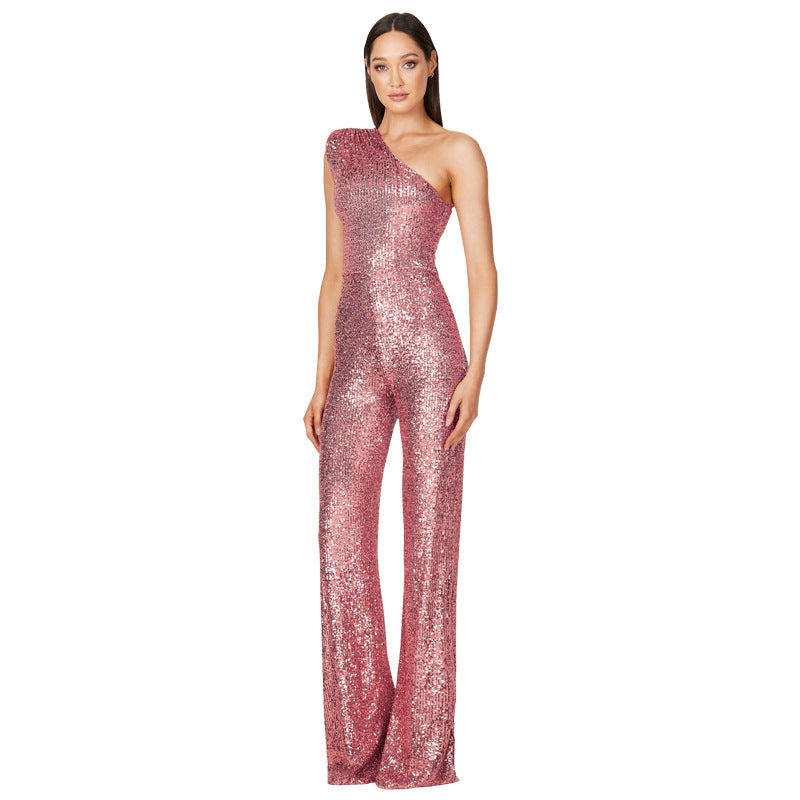 Sleeveless One-shoulder Fashion High Waist Design Sequined Jumpsuit