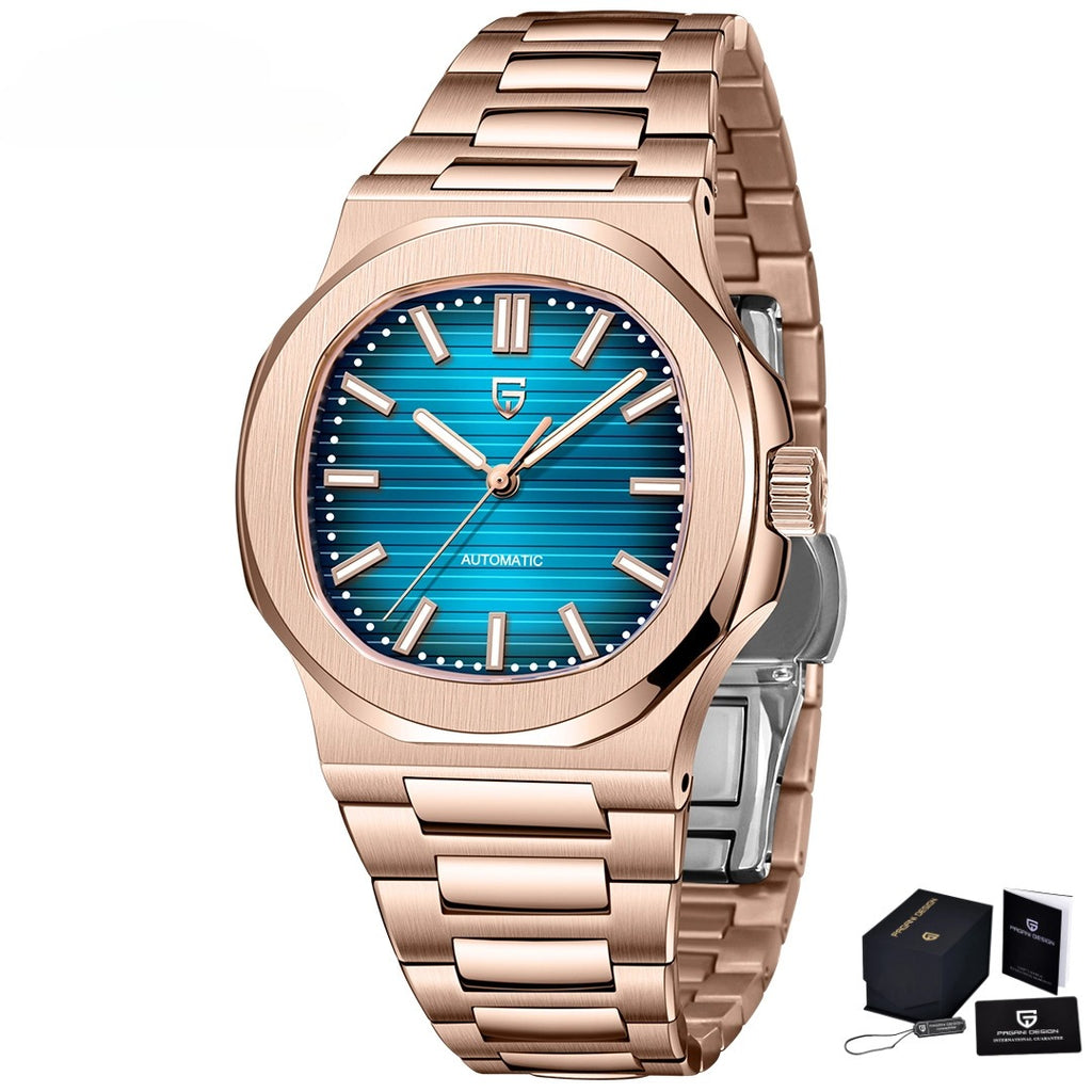Men's Stainless Steel Automatic Waterproof Barrel Wristwatch