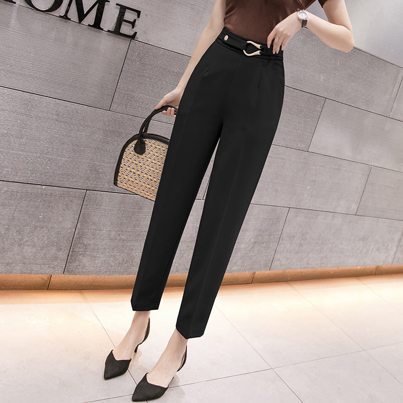 Women's High-Waist Slim Straight-Leg Cropped Casual Trousers