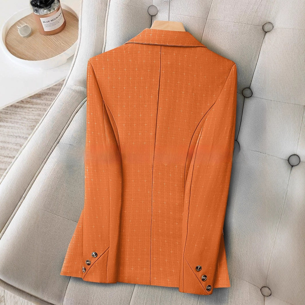 Elegant Orange Geometric Pattern Suit Collar Long Sleeve Casual Top