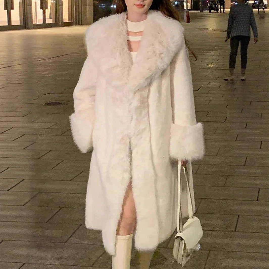 Women's Thick Faux Rabbit Fur Mid-Length Leather Coat