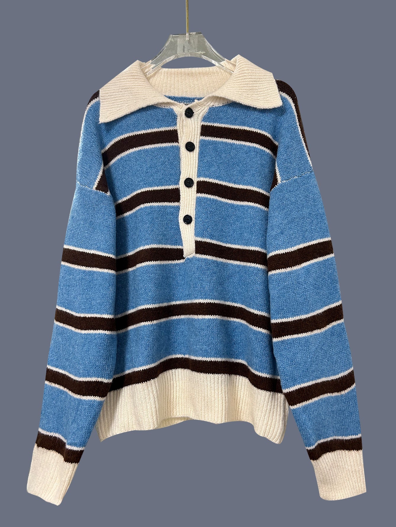 Retro Striped Half-button Polo-neck Sweater For Women