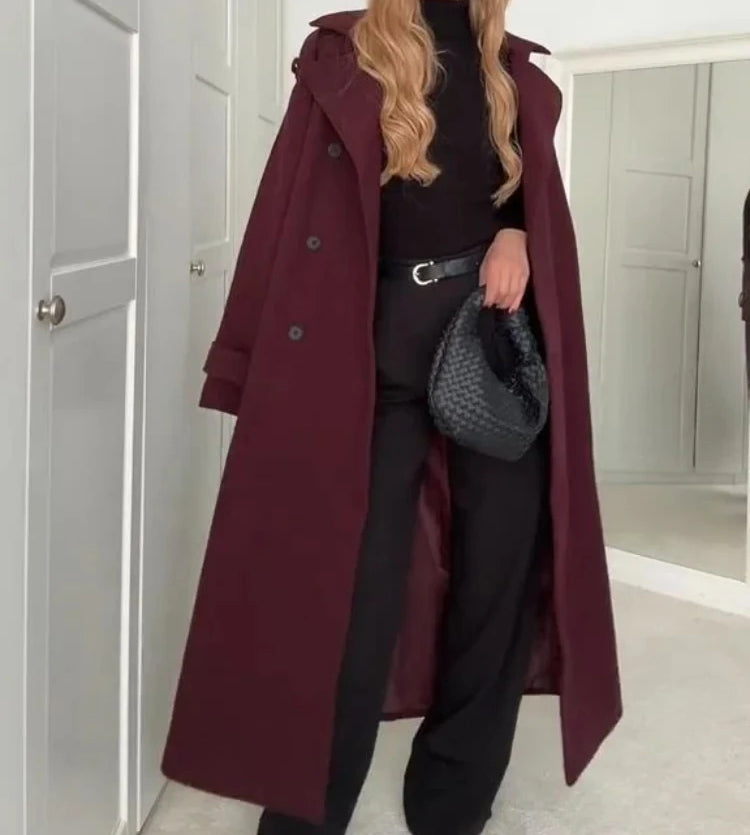 Woolen Lapel Belted Double-Breasted Trench Coat for Women Winter Jacket