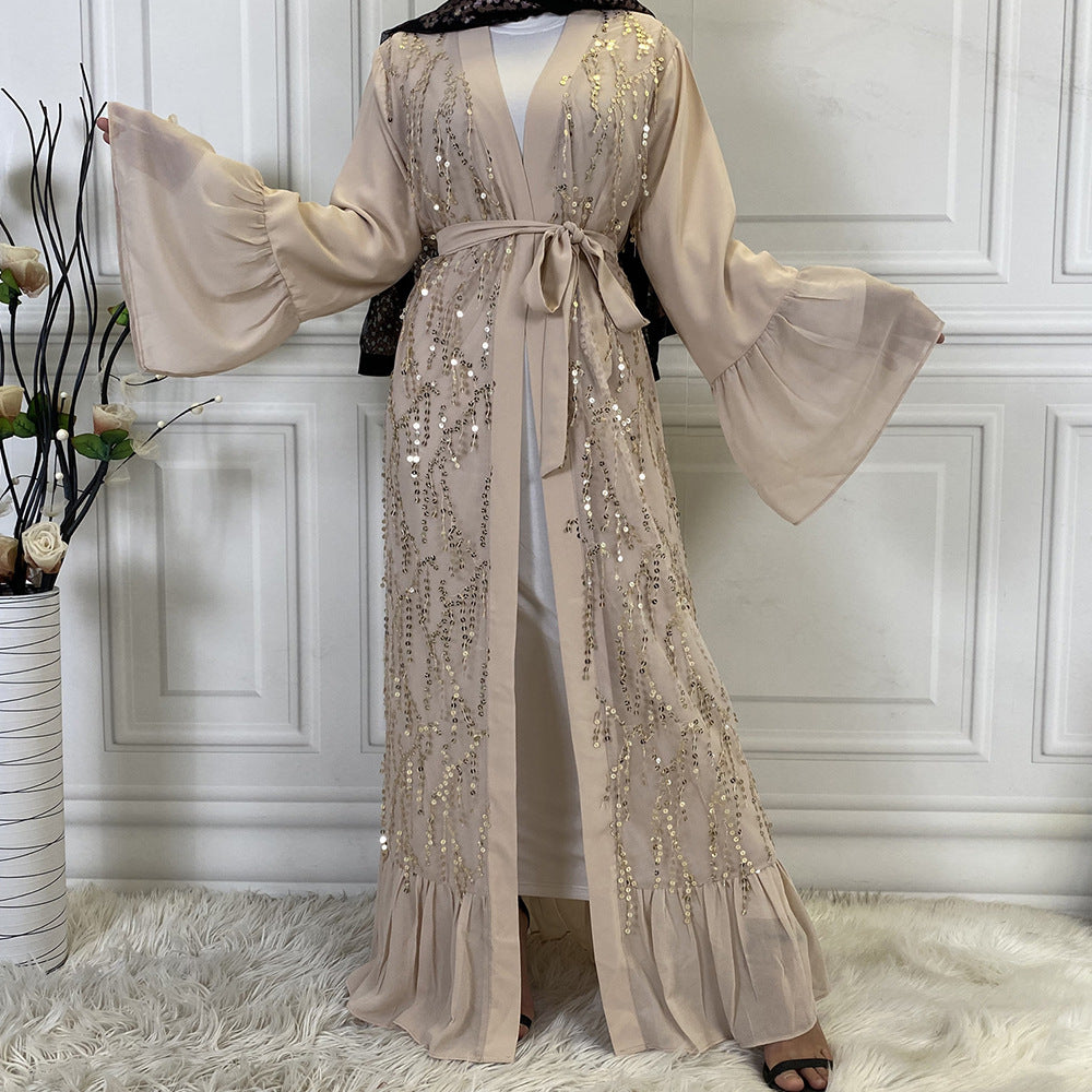 Apricot Sequin Chiffon Cardigan Robe for Muslim Women