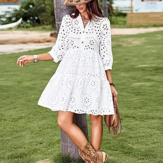Women's Solid Color Button Dress in Lace Fabric