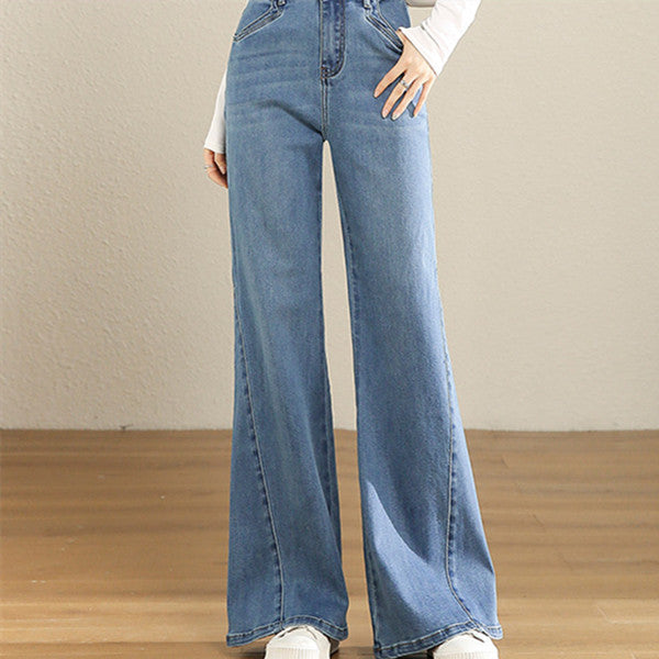 Jean évasé taille haute en denim bleu pour femme