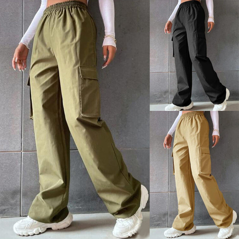 Pantalon de travail taille haute de couleur unie pour femme avec poches