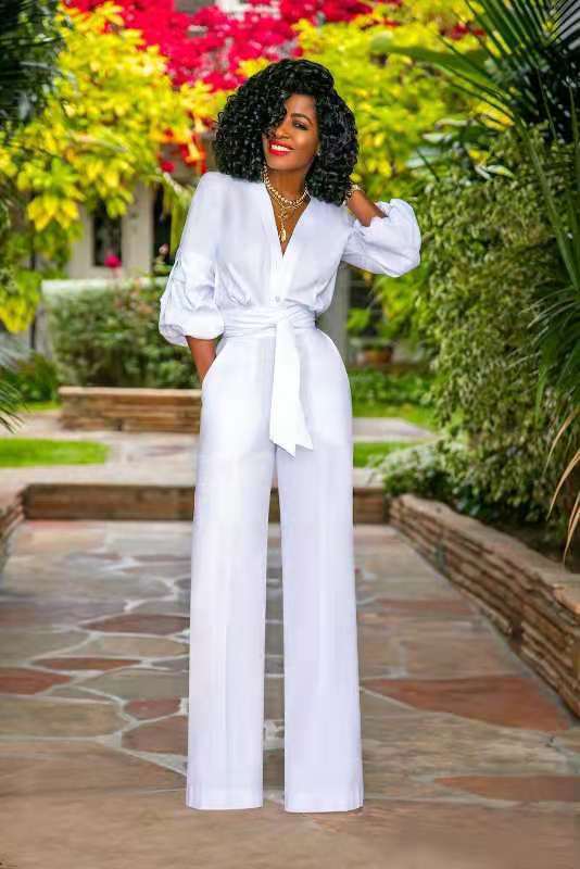 White V-Neck Long Sleeve Lace-Up Jumpsuit for Women