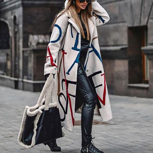 Women's Long-Sleeve Lapel Plaid Mid-Length Woolen Coat