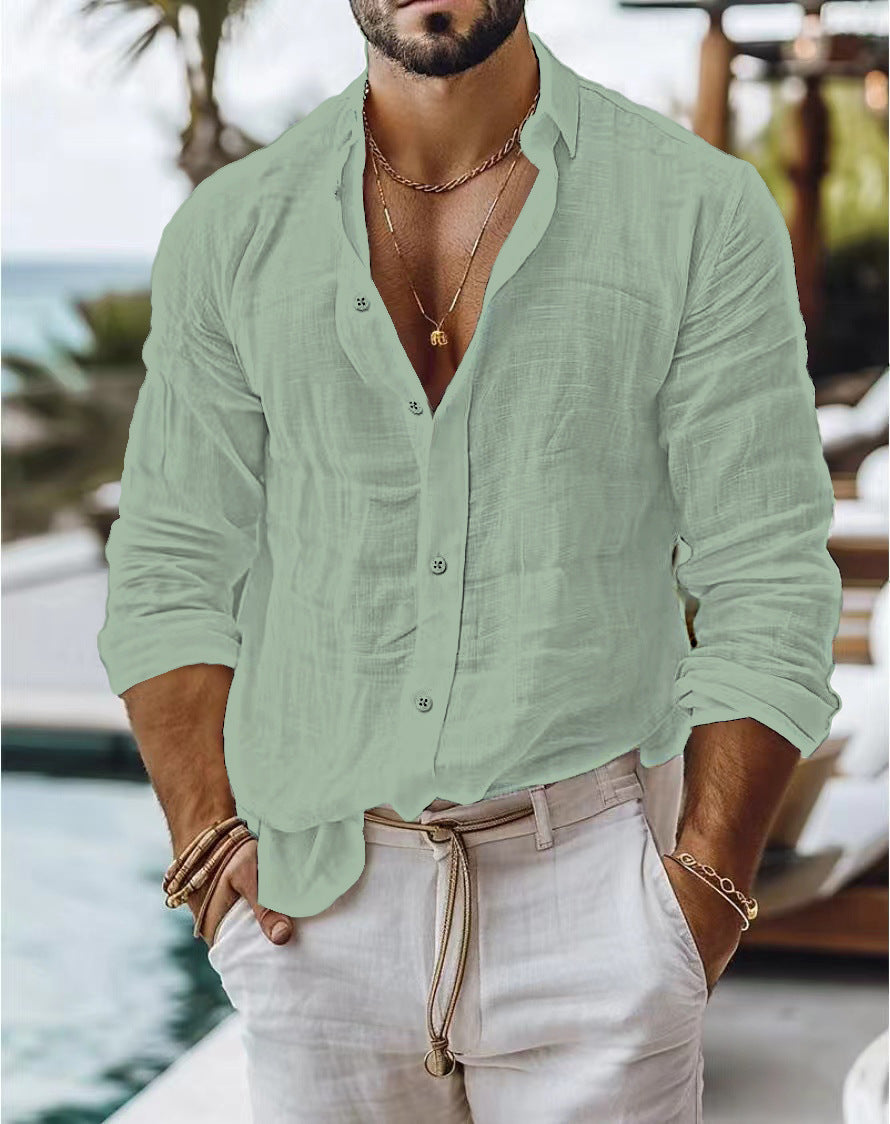 Men's Cotton Blend Linen Long Sleeve Casual Shirt