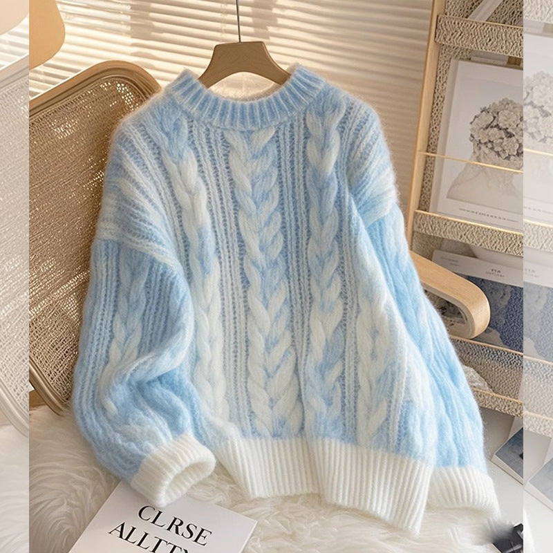 Blue Soft Glutinous Cable-Knit Pullover Sweater, Loose Fit, Long Sleeve, Polyester, Blue, S-XL