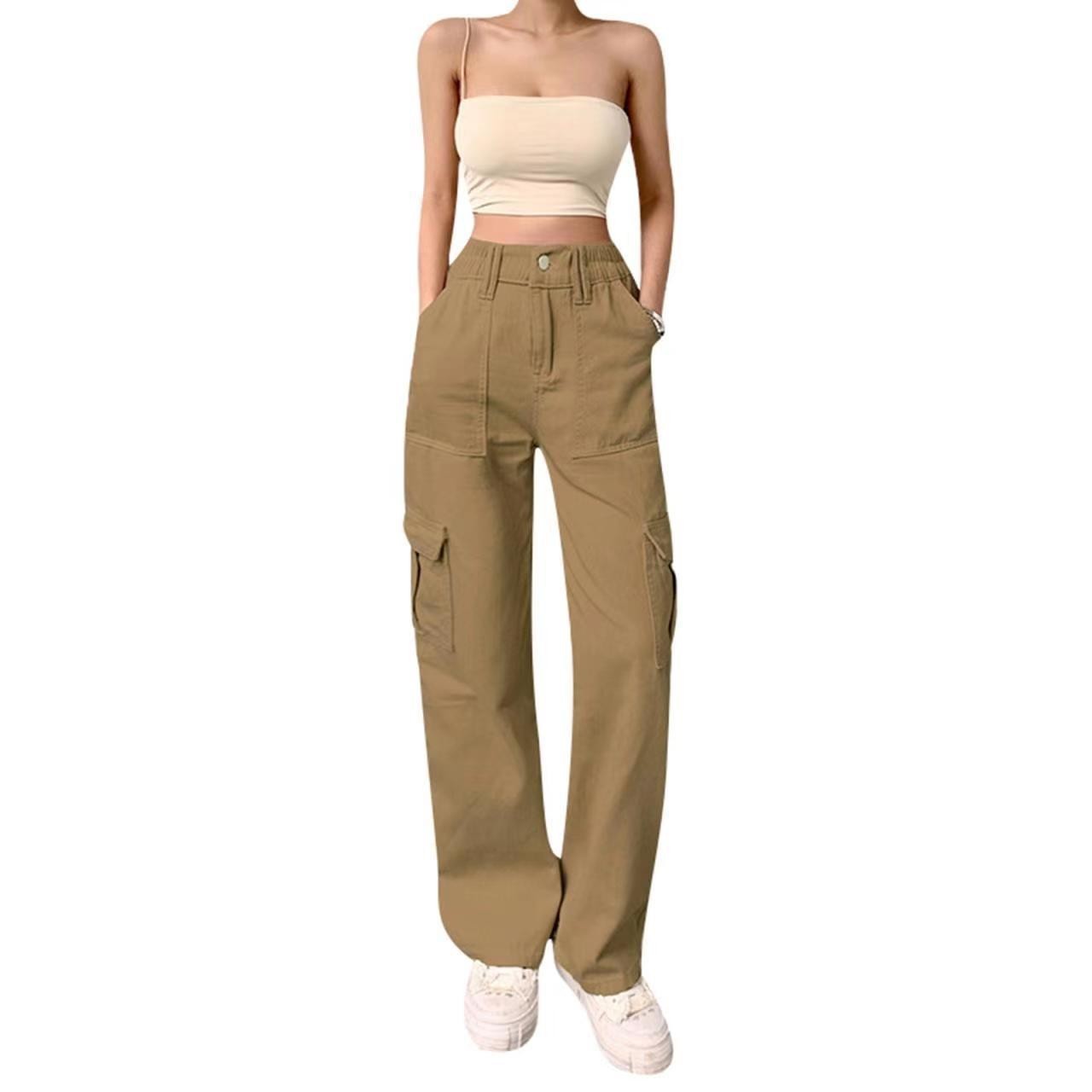 Pantalon droit multi-poches taille haute style workwear