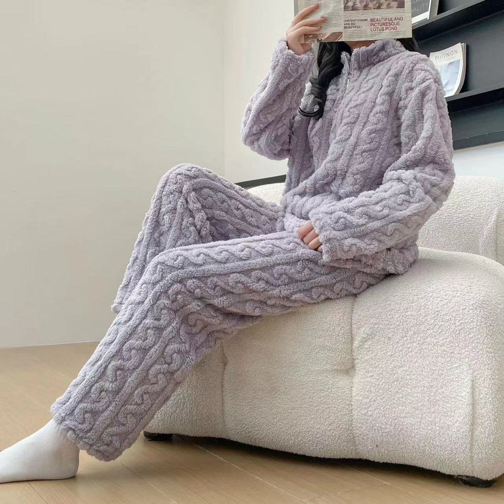 Pyjama Couple Hiver Automne en Polaire Corail Épais avec Fermeture Éclair Torsadée, Tenue d'Intérieur