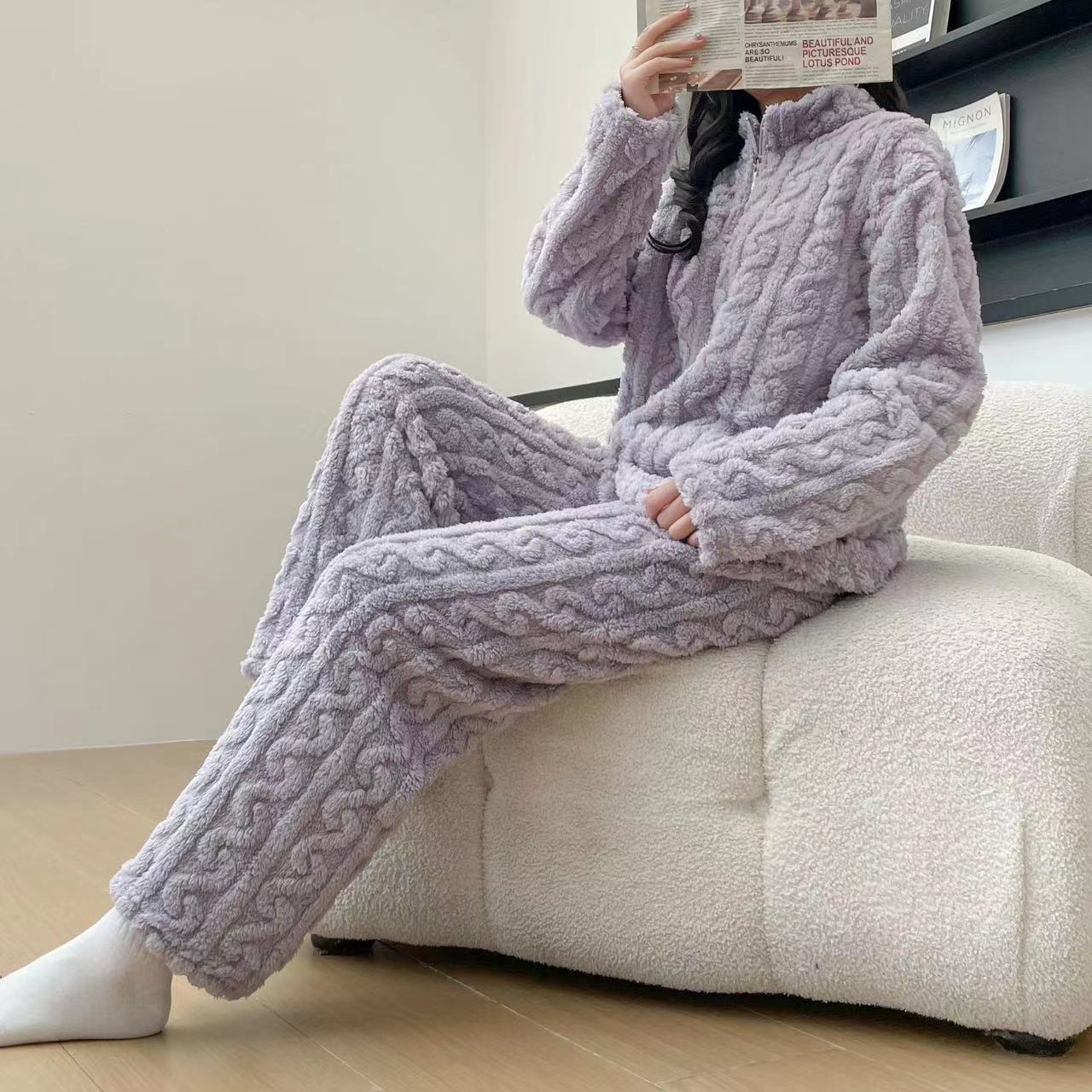 Pyjama Couple Hiver Automne en Polaire Corail Épais avec Fermeture Éclair Torsadée, Tenue d'Intérieur
