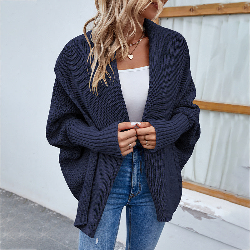 Loose Knit Solid Color Bat Sleeve Large Lapel Cardigan Sweater for Women Autumn Winter Jacket