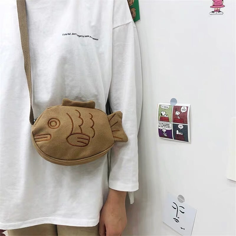 Brown Canvas Medium Round Messenger Bag With Wide Personality Fish Design