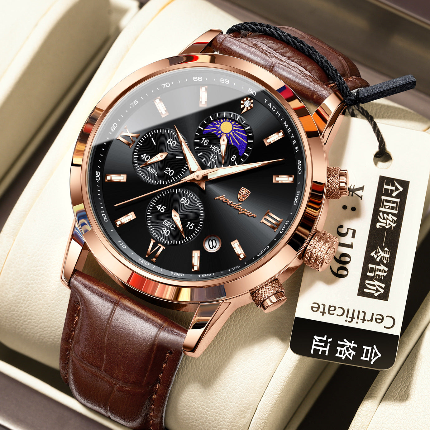 Montre pour homme avec phase de lune et chronographe multifonction