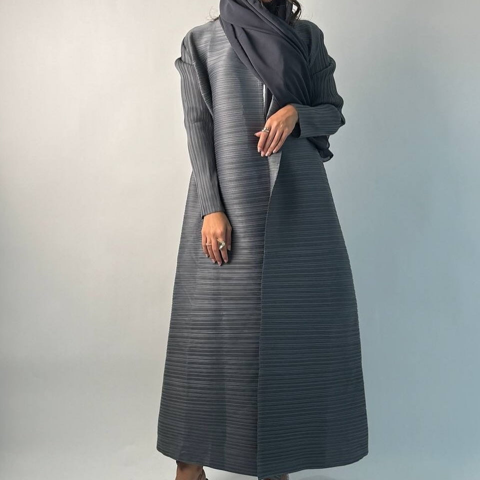 Pleated Trench Djellaba Printed Shawl Cardigan Ethnic Cloak Coat for Middle East Women