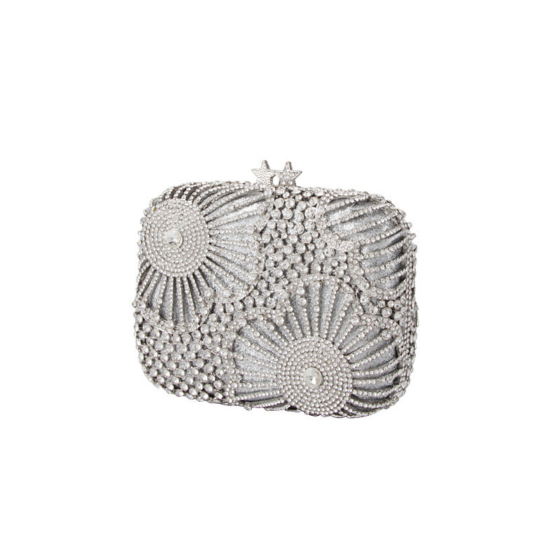 Star Flower Rhinestone Silver Alloy Clutch Dinner Bag 15.5x13.5x5.5cm