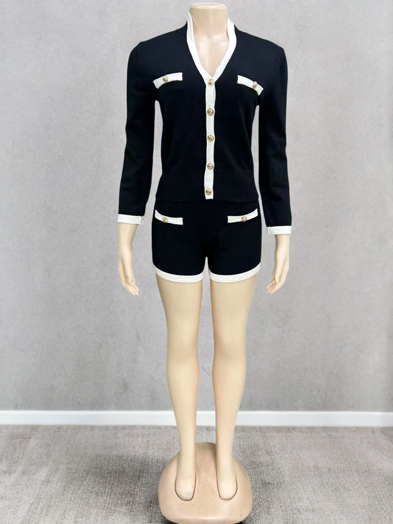 Long Sleeve Thread V-neck Cardigan Top Shorts Two-piece Set