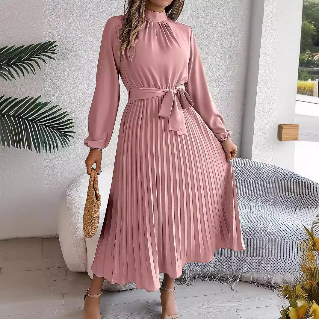 Stand Collar Long Sleeve Cinched Pleated Dress
