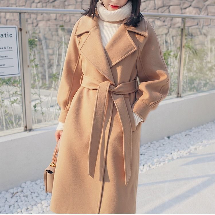 Women’s Autumn Winter Thickened Woolen Coat with Cinched Waist