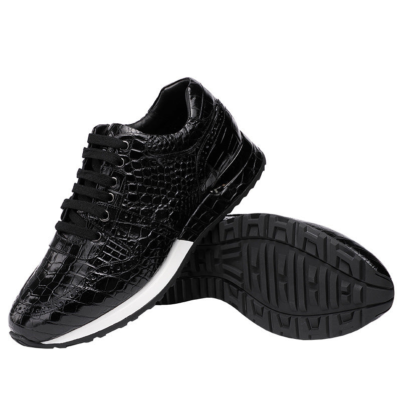 Baskets Rétro Noires Homme en Cuir de Crocodile Lacets Semelle Caoutchouc