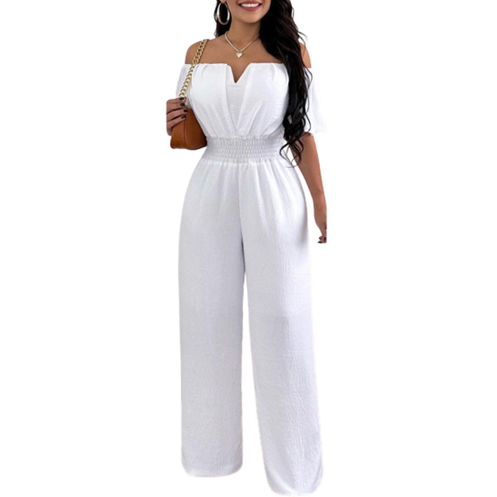 Women's Off-Neck Waist-Trimmed Loose Straight Jumpsuit