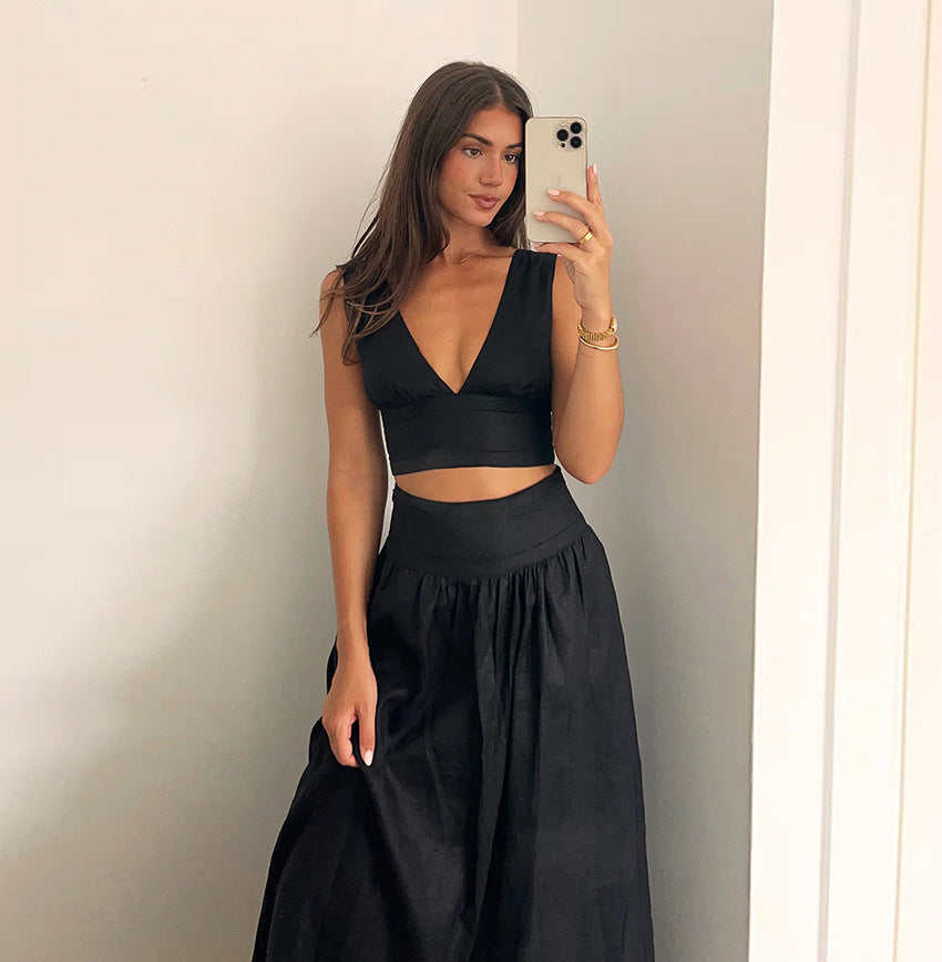 Black Cotton Linen Vest High Waist A-Line Dress Two-Piece Set for Women