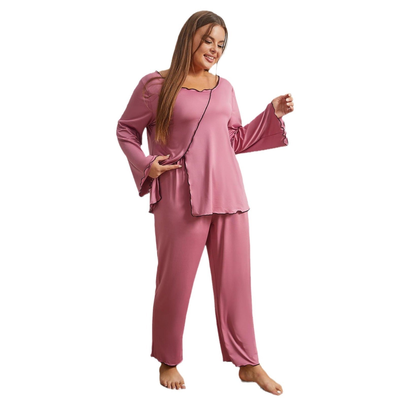 Striped Split Long Sleeve Plus Size Homewear Suit Pink Polyester