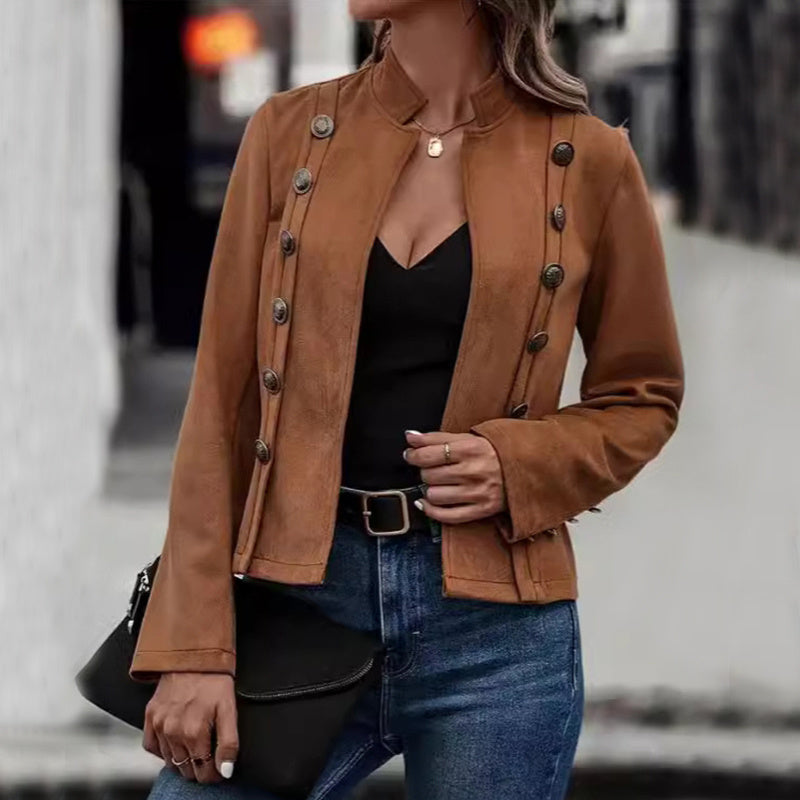 Double Breasted Retro Suede Short Jacket for Women Long Sleeve Outwear Top