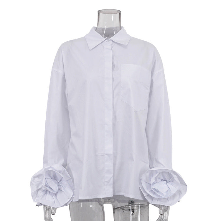 White Stitching Flower Long Sleeve Cotton Shirt