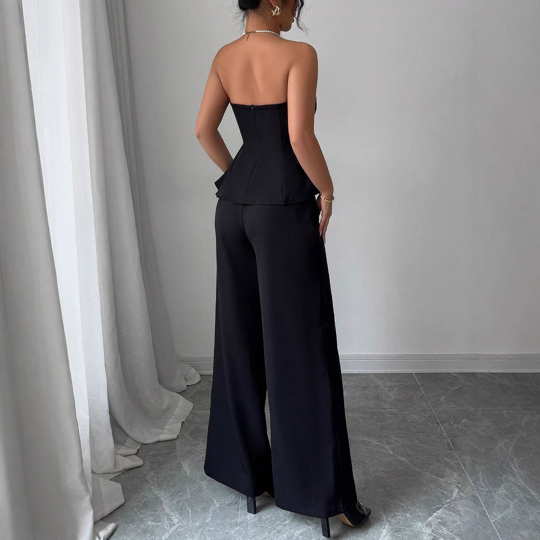 Elegant Stitching Off-the-shoulder Vest Wide-leg Trousers Set For Women